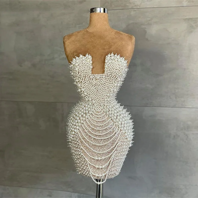 Luxury Pearls Tassels Strapless Cocktail Party Dress RM029 Tunics Summer linen