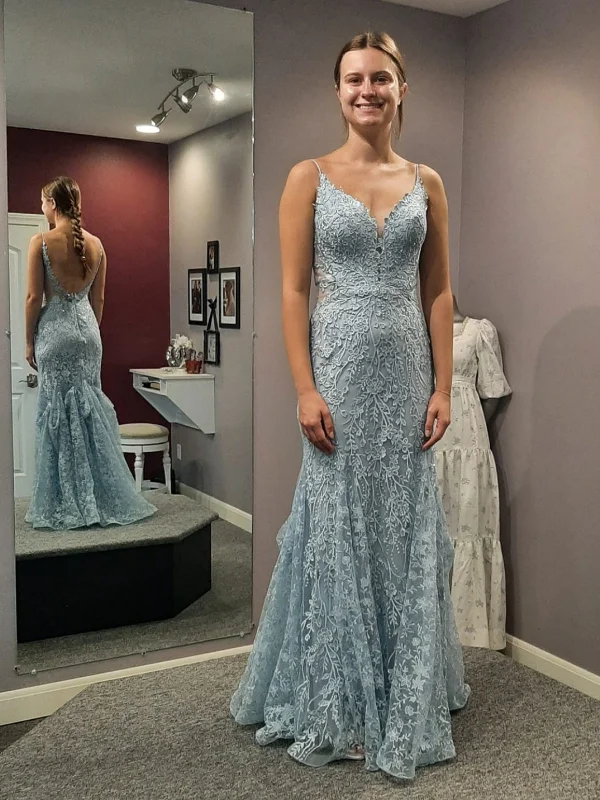 Open Back V Neck Mermaid Blue Lace Long Prom Dresses, Mermaid Blue Formal Dresses, Blue Lace Evening Dresses Tunics Velvet soft Open Back V Neck Mermaid Blue Lace Long Prom Dresses, Mermaid Blue Formal Dresses, Blue Lace Evening Dresses Tunics Velvet soft