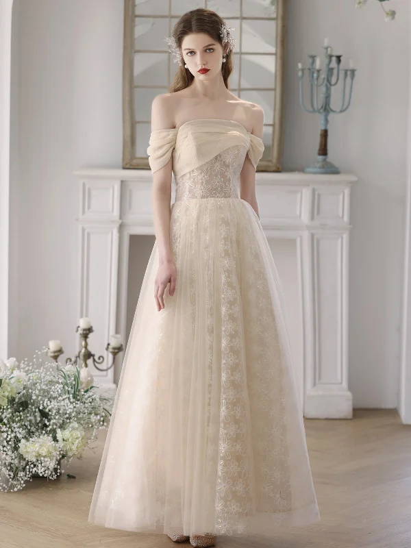 Champagne A-Line Tulle Lace Long Prom Dress, Champagne Formal Dress Tunics Stylish elegant Champagne A-Line Tulle Lace Long Prom Dress, Champagne Formal Dress Tunics Stylish elegant