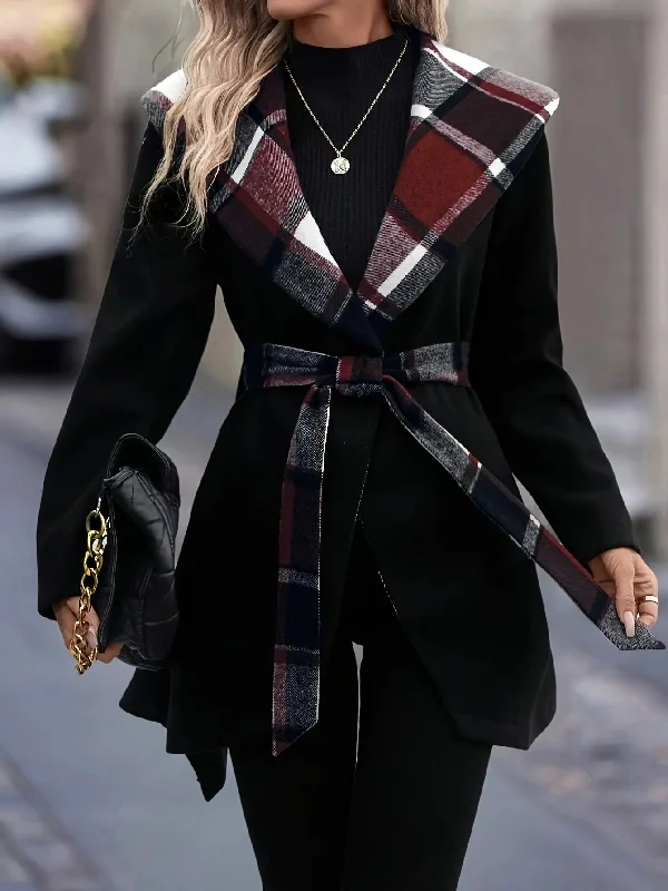 Long Sleeve Elegant Plaid Tie Waist Open Front Hoodie Coa Hoodie with Oversized Fit Loose Comfortable Long Sleeve Elegant Plaid Tie Waist Open Front Hoodie Coa Hoodie with Oversized Fit Loose Comfortable