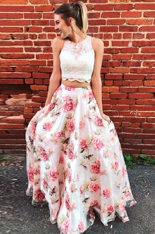 Two Piece Floral Long Lace A Line Prom Dresses Graduation Party Dress OK880 Tunics Wedding white Two Piece Floral Long Lace A Line Prom Dresses Graduation Party Dress OK880 Tunics Wedding white
