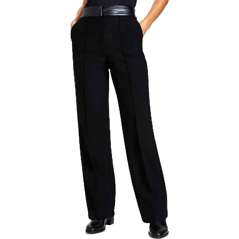 Calvin Klein Womens Faux Leather Trim High Rise Straight Leg Pants Trendy Work Pants Calvin Klein Womens Faux Leather Trim High Rise Straight Leg Pants Trendy Work Pants