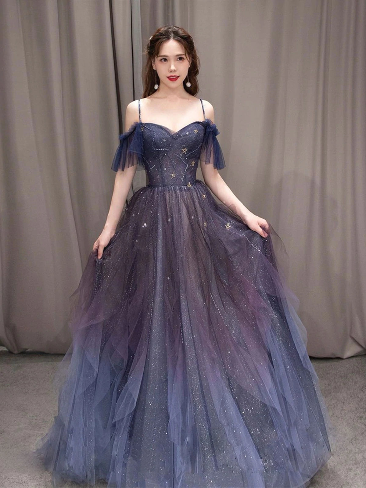 Off the Shoulder Blue Purple Ombre Tulle Prom Dresses, Blue Purple Ombre Formal Graduation Dresses Floral Print girly Off the Shoulder Blue Purple Ombre Tulle Prom Dresses, Blue Purple Ombre Formal Graduation Dresses Floral Print girly