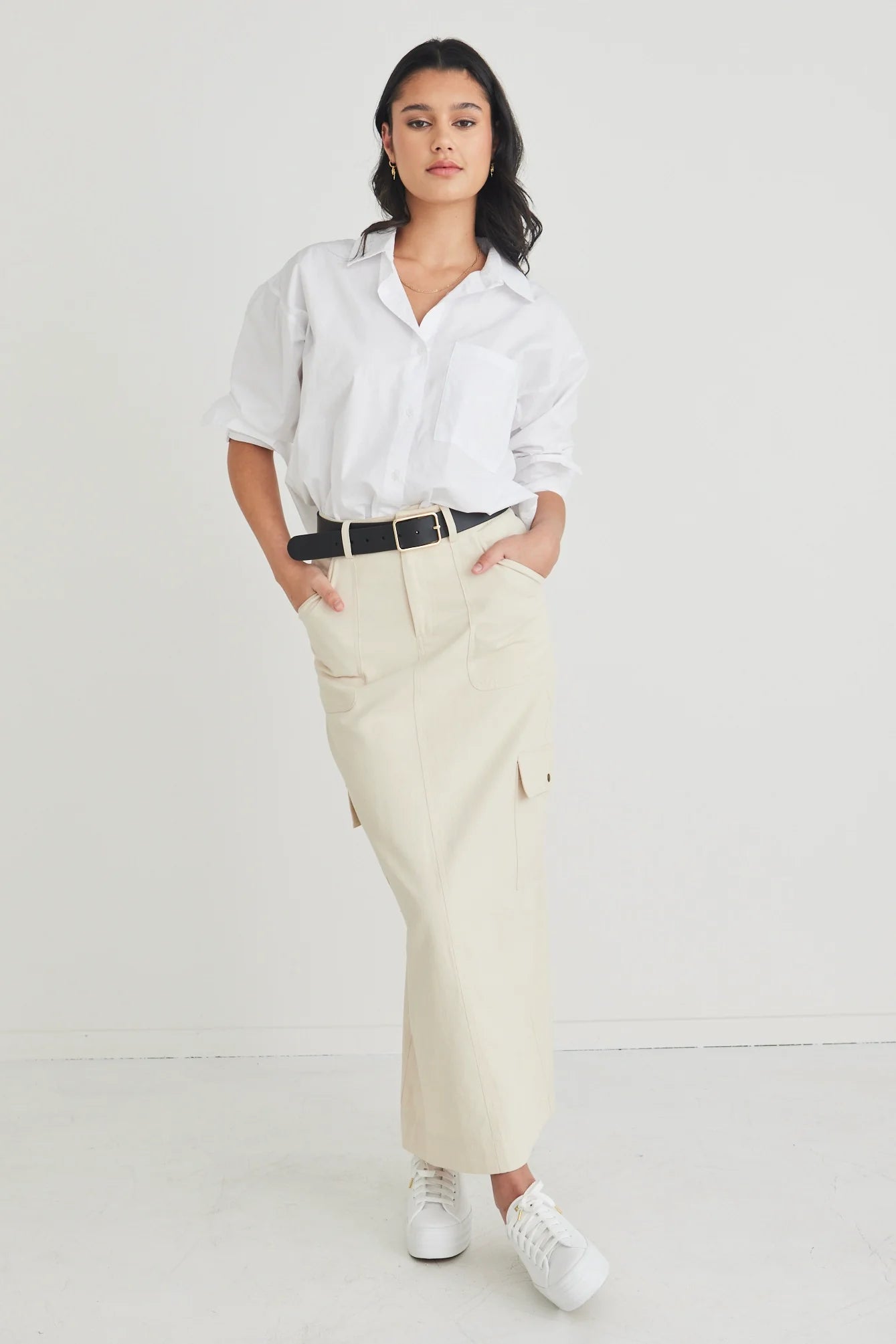 Frank Cotton Utility Skirt Ivory zip skirt side
