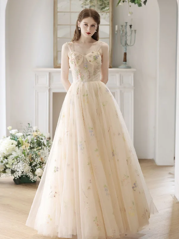 A-Line Sweetheart Neck Tulle Lace Champagne Long Prom Dress, Lace Formal Dress Tunics Distressed trendy A-Line Sweetheart Neck Tulle Lace Champagne Long Prom Dress, Lace Formal Dress Tunics Distressed trendy
