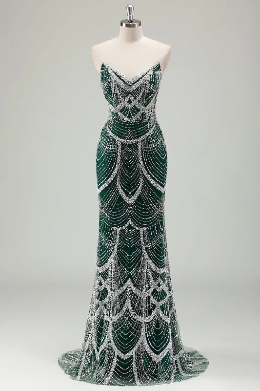 Glitter Dark Green Mermaid Strapless Sequins Long Corset Prom Dress with Beading Tunics Sophisticated sleek Glitter Dark Green Mermaid Strapless Sequins Long Corset Prom Dress with Beading Tunics Sophisticated sleek