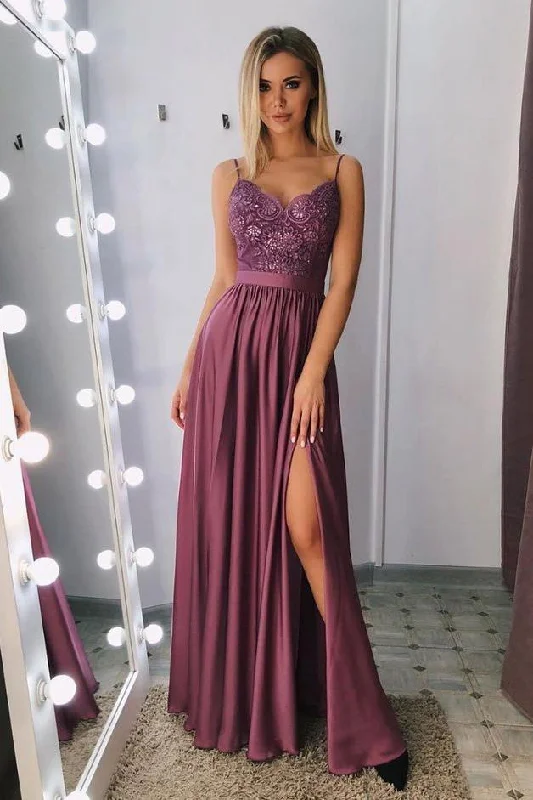 A Line Spaghetti Straps V Neck Purple Lace Side Slit Prom Dresses Party Dresses P1002 Tunics Handmade artisanal A Line Spaghetti Straps V Neck Purple Lace Side Slit Prom Dresses Party Dresses P1002 Tunics Handmade artisanal