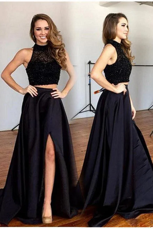 Two Pieces Black Long Sexy Split Prom Dresses, Formal Graduation Party Dresses OK147 Tunics Vintage classic Two Pieces Black Long Sexy Split Prom Dresses, Formal Graduation Party Dresses OK147 Tunics Vintage classic