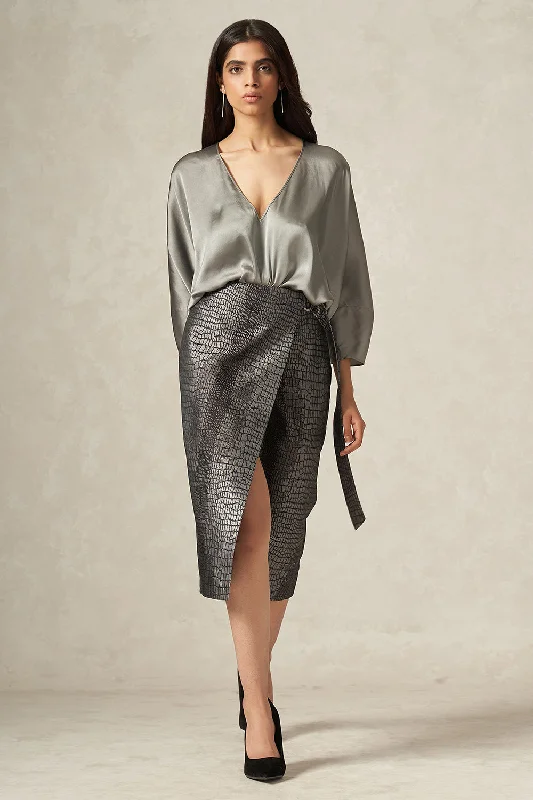 Grey Handwoven Pure Satin Silk Wrap Skirt with Crocodile Weave and Side Buckle Tie-up silk skirt lustrous