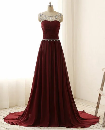 Burgundy Chiffon Prom Dress, Prom Dresses, Evening Gown, Graduation School Party Dress, Winter Formal Dress Sequined Elegant Party