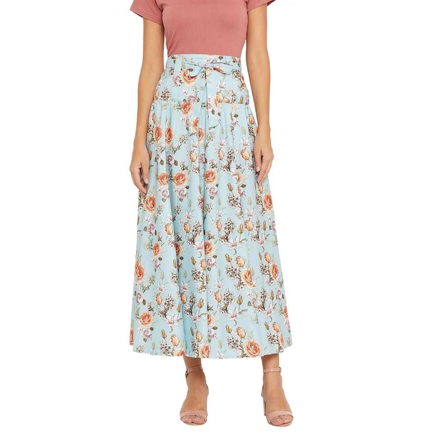 Adults-Women Ice Blue Printed Midi Skirt tiered skirt playful