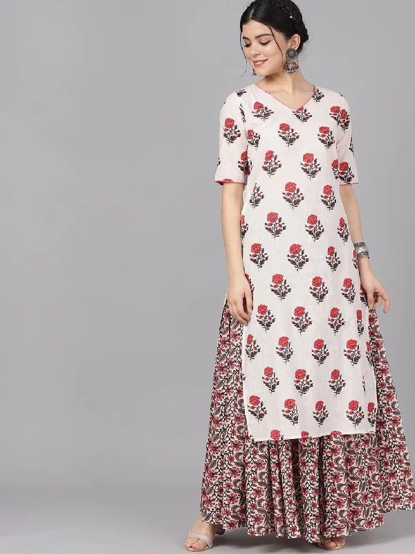 Women's  Off-White & Pink Printed Kurta with Skirt - AKS a-line skirt cut