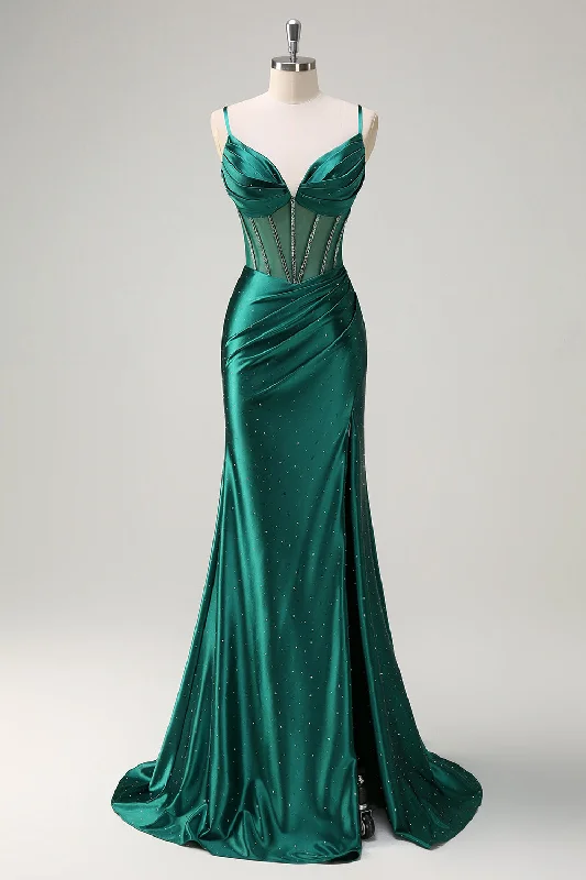 Sparkly Dark Green Mermaid Spaghetti Straps Corset Beaded Long Prom Dress with Slit Tunics Summer linen Sparkly Dark Green Mermaid Spaghetti Straps Corset Beaded Long Prom Dress with Slit Tunics Summer linen