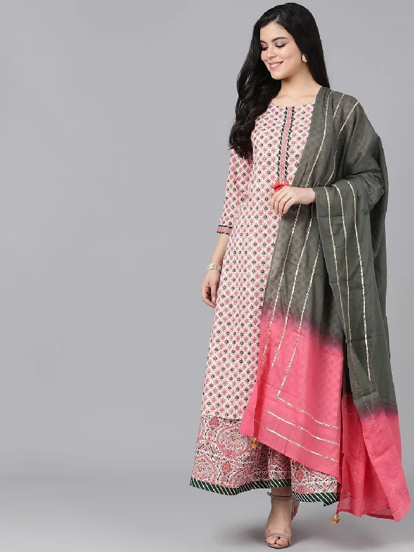 Women's  Peach-Coloured & Grey Printed Kurta with Skirt & Dupatta - AKS low waist skirt