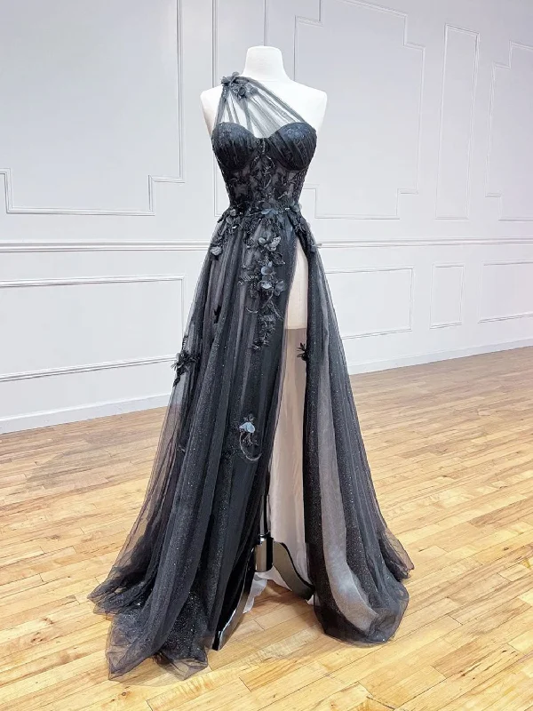 A-Line One Shoulder Tulle Black Long Prom Dress, Black Formal Evening Dress Tunics Travel practical A-Line One Shoulder Tulle Black Long Prom Dress, Black Formal Evening Dress Tunics Travel practical