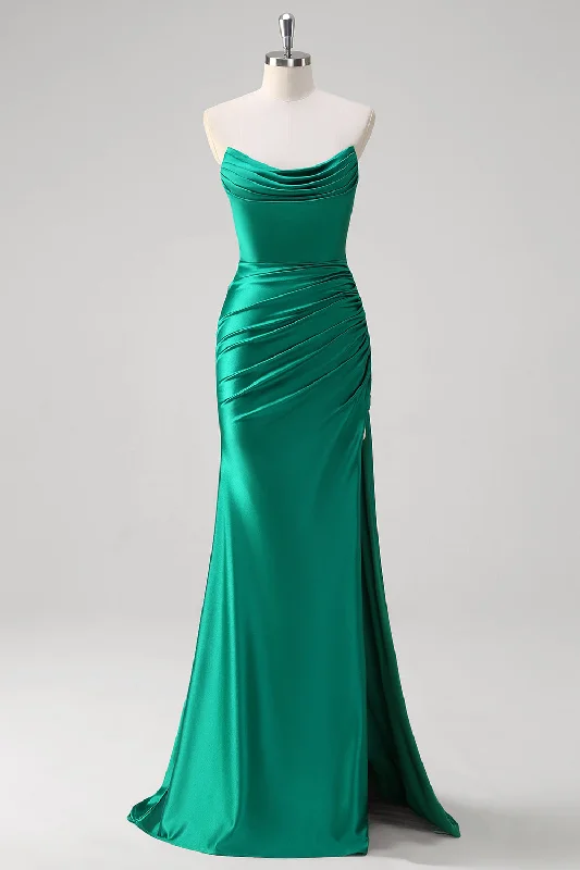 Green Mermaid Strapless Satin Ruched Long Prom Dress with Slit Turtleneck Neckline Stylish Green Mermaid Strapless Satin Ruched Long Prom Dress with Slit Turtleneck Neckline Stylish
