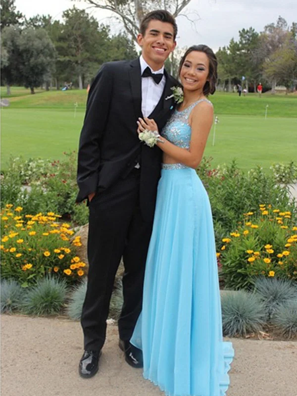 Custom Made A Line Round Neck 2 Pieces Light Blue Long Prom Dress, Blue Formal Dress Tunics Stylish modern Custom Made A Line Round Neck 2 Pieces Light Blue Long Prom Dress, Blue Formal Dress Tunics Stylish modern