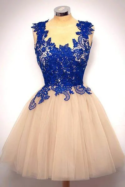 Navy blue lace tulle round neck A-line short party dress Party Dresses WK392 Tunics Stylish elegant Navy blue lace tulle round neck A-line short party dress Party Dresses WK392 Tunics Stylish elegant