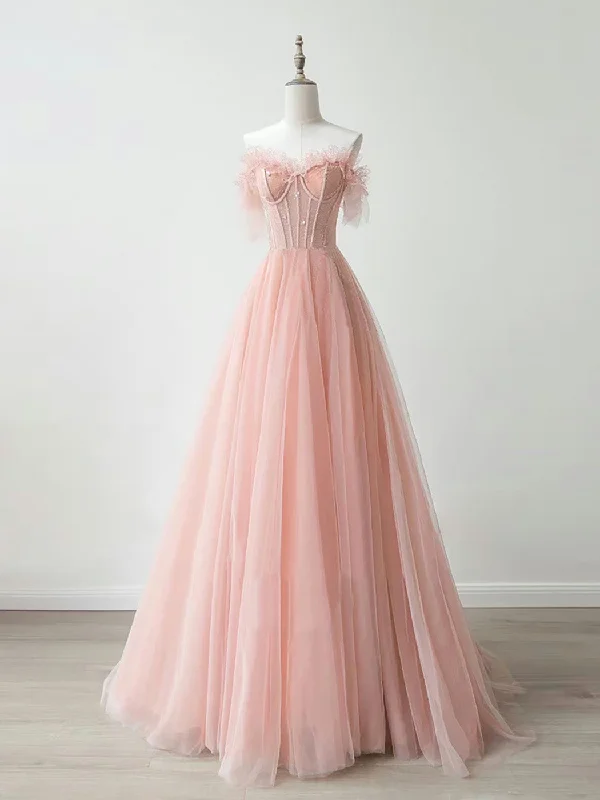 A-Line Sweetheart Neck Tulle Lace Pink Long Prom Dress, Pink Formal Dress Tunics Handmade artisanal A-Line Sweetheart Neck Tulle Lace Pink Long Prom Dress, Pink Formal Dress Tunics Handmade artisanal