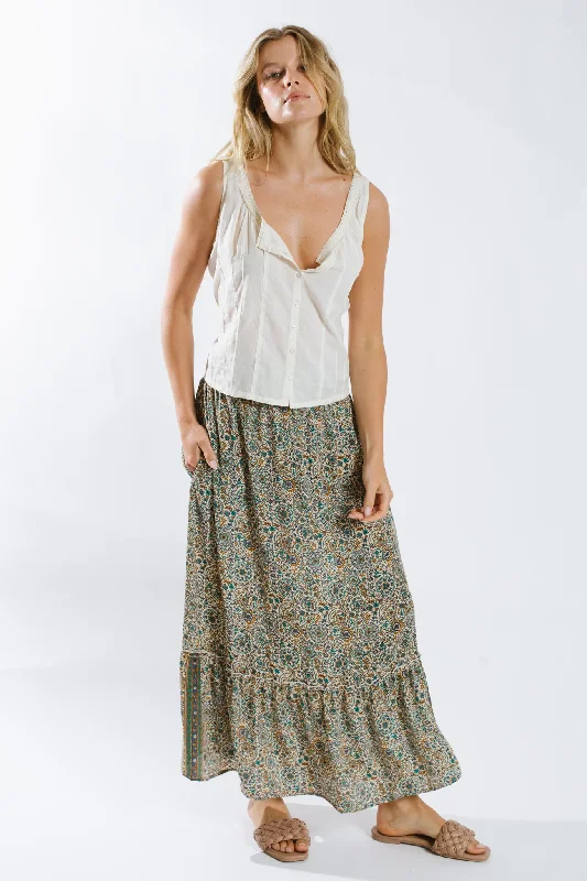 Moulika Maxi Flounce Skirt button skirt front