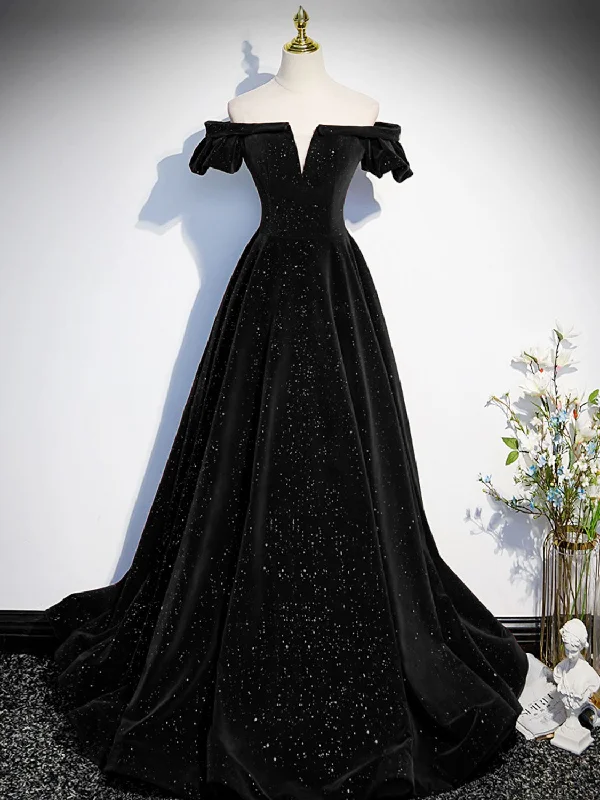 A-Line Off Shoulder Velvet Black Long Prom Dresses, Black Formal Evening Dress Tunics Running lightweight A-Line Off Shoulder Velvet Black Long Prom Dresses, Black Formal Evening Dress Tunics Running lightweight