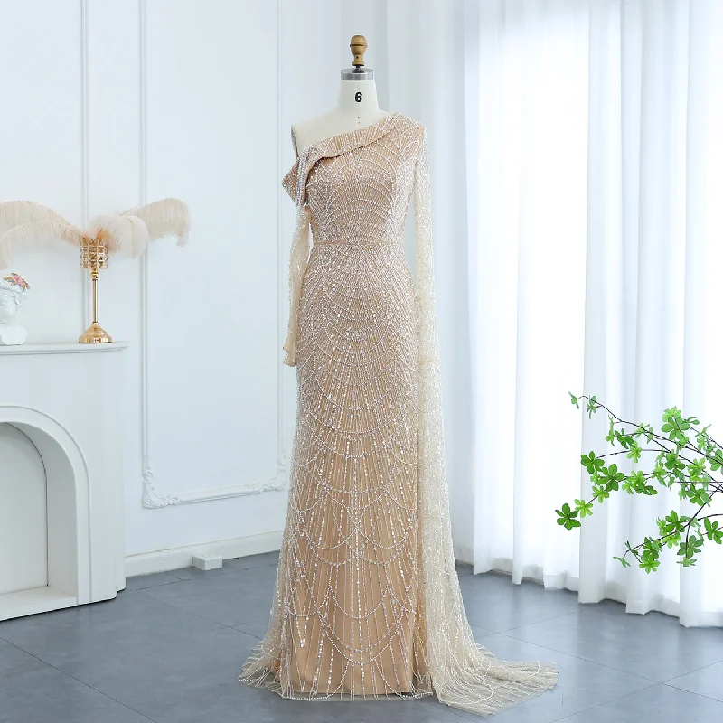 Luxury Champagne Beaded Mermaid Evening Dress with Cape Sleeve SS112 Turtleneck Neckline Stylish Luxury Champagne Beaded Mermaid Evening Dress with Cape Sleeve SS112 Turtleneck Neckline Stylish