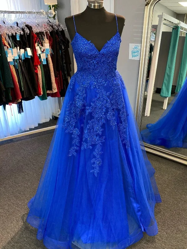 A Line V Neck Open Back Blue Lace Long Prom Dresses with Train, Blue Lace Formal Dresses, Blue Evening Dresses Tunics Sale discount A Line V Neck Open Back Blue Lace Long Prom Dresses with Train, Blue Lace Formal Dresses, Blue Evening Dresses Tunics Sale discount
