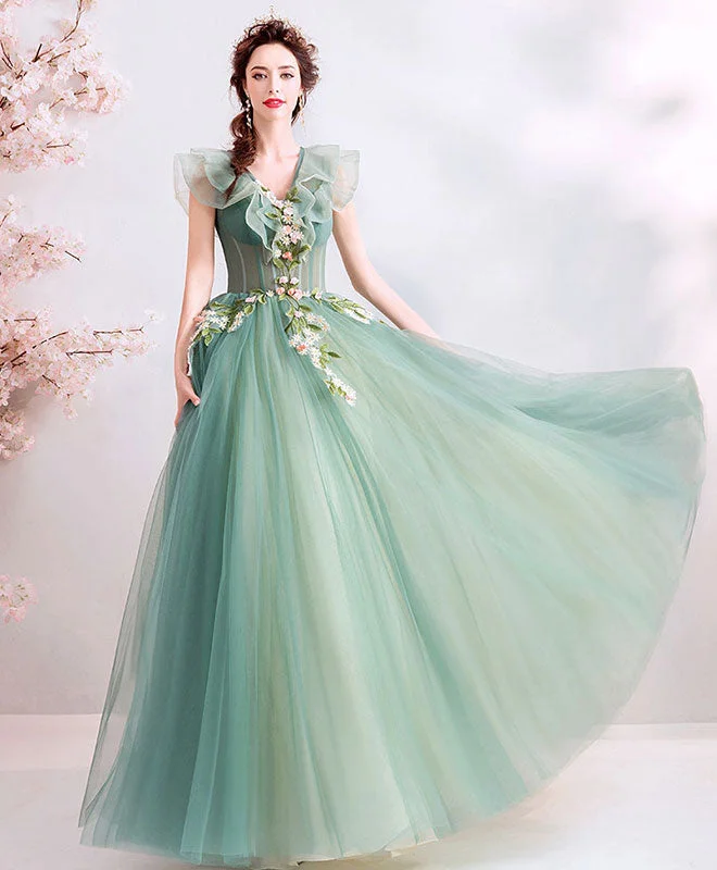 Green V Neck Tulle Lace Long Prom Dress, Green Evening Dress sweetheart Neckline Romantic Green V Neck Tulle Lace Long Prom Dress, Green Evening Dress sweetheart Neckline Romantic