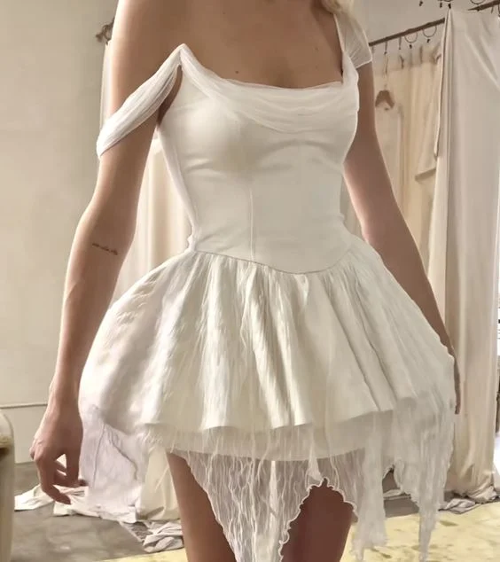 White A-Line Short Party Dress Mini Homecoming Dress, DP2757 Crew Neckline Casual
