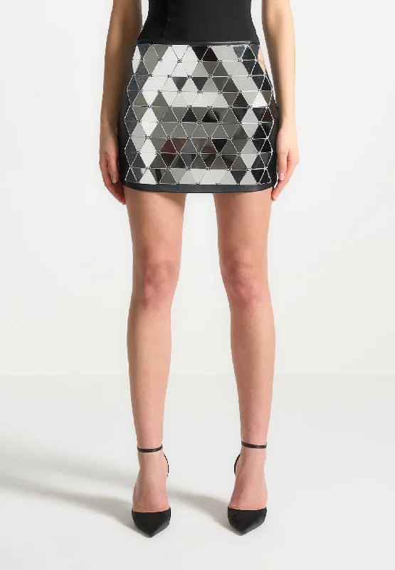 Leather Mirrored Mini Skirt - Silver/Black velvet skirt glossy