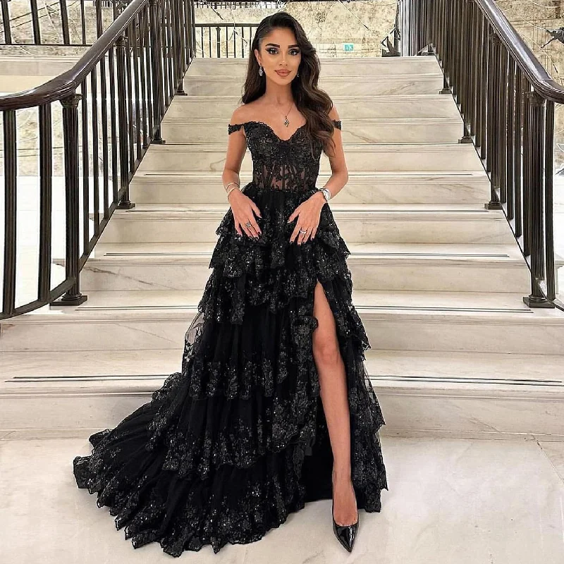 Stylish Black Ruffles Off shoulder Prom Dress with High Slit SF150 Tunics Stylish modern Stylish Black Ruffles Off shoulder Prom Dress with High Slit SF150 Tunics Stylish modern