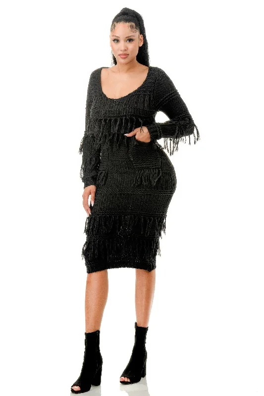 Knit Long Sleeve Fringe Dress Off-the-shoulder Chic Trendy