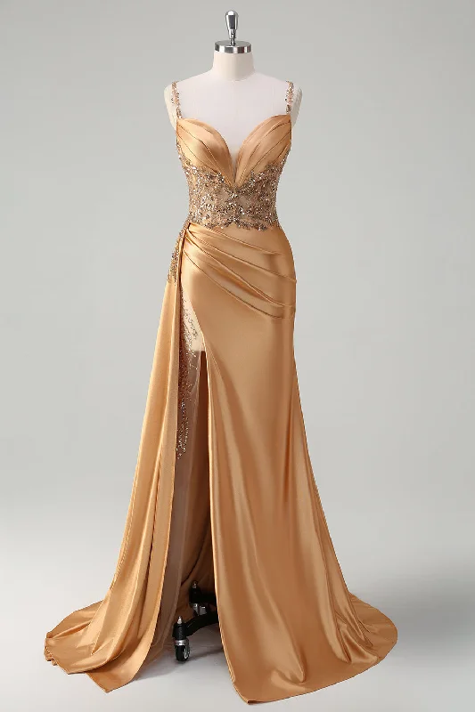 Sparkly Champagne Mermaid Watteau Train Corset Sequins Satin Prom Dress with Slit Tunics Party sparkling Sparkly Champagne Mermaid Watteau Train Corset Sequins Satin Prom Dress with Slit Tunics Party sparkling