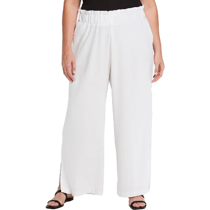 Ella Rafaella Womens Plus High Rise Ruffled Wide Leg Pants Soft Cotton Pants