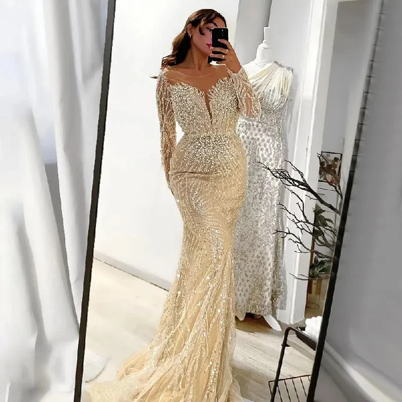 Luxury White Nude Long Sleeves Mermaid Evening Dress SS111 Tunics Sophisticated sleek Luxury White Nude Long Sleeves Mermaid Evening Dress SS111 Tunics Sophisticated sleek