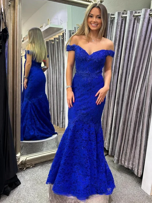 Off Shoulder Mermaid Blue Lace Long Prom Dresses, Mermaid Blue Formal Dresses, Blue Lace Evening Dresses Tunics Business professional Off Shoulder Mermaid Blue Lace Long Prom Dresses, Mermaid Blue Formal Dresses, Blue Lace Evening Dresses Tunics Business professional