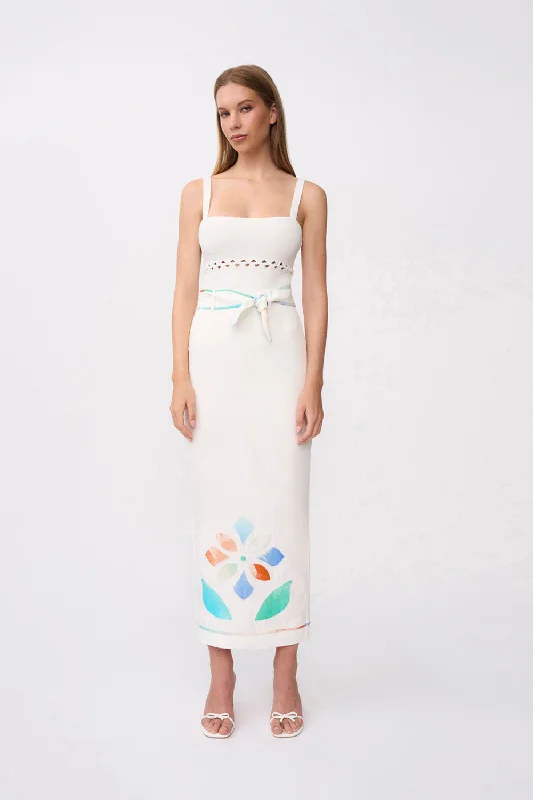 Fiori Applique Ankle Skirt - Ivory Multicolour leather skirt sleek