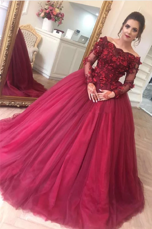 Ball Gown Burgundy Off the Shoulder Long Sleeve Appliques Tulle Party Dresses WK552 Tunics Designer luxury Ball Gown Burgundy Off the Shoulder Long Sleeve Appliques Tulle Party Dresses WK552 Tunics Designer luxury