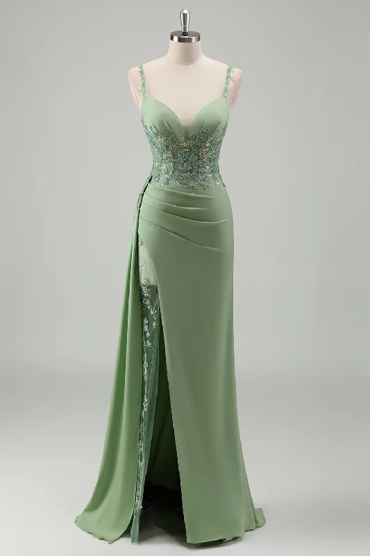 Sparkly Light Green Mermaid Spaghetti Straps Appliques Long Prom Dress with Slit Tunics Luxurious high-end Sparkly Light Green Mermaid Spaghetti Straps Appliques Long Prom Dress with Slit Tunics Luxurious high-end