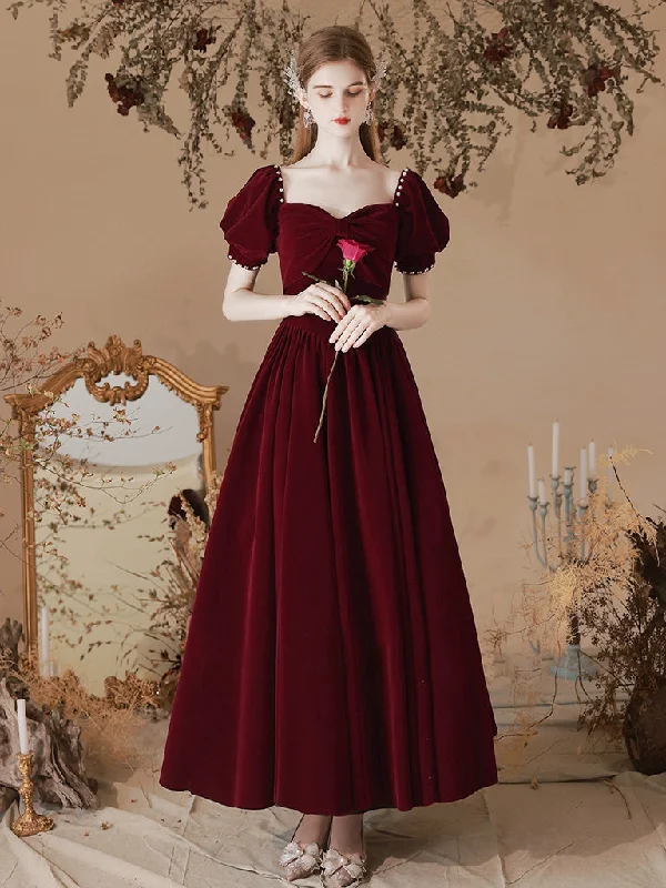 A-Line Velvet Tea Length Burgundy Prom Dress, Burgundy Formal Dress Square Neckline Feminine A-Line Velvet Tea Length Burgundy Prom Dress, Burgundy Formal Dress Square Neckline Feminine