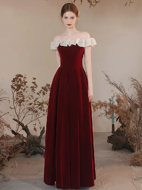 A-Line Off Shoulder Velvet Burgundy Long Prom Dress, Burgundy Formal Dress Tunics Occasion special A-Line Off Shoulder Velvet Burgundy Long Prom Dress, Burgundy Formal Dress Tunics Occasion special