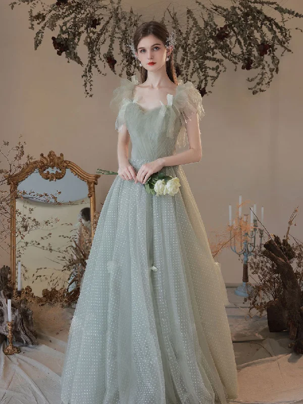 Green A Line Tulle Long Prom Dresses, Green Formal Graduation Dress Tunics Evening elegant Green A Line Tulle Long Prom Dresses, Green Formal Graduation Dress Tunics Evening elegant