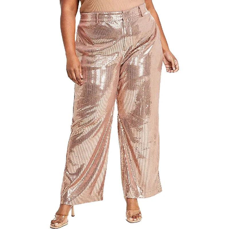 Nina Parker Womens Plus Sequined Party Wide Leg Pants Casual Lounge Pants