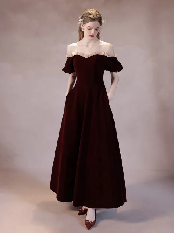 A-Line Burgundy Velvet Long Prom Dress, Burgundy Formal Dress Tunics Canvas sturdy