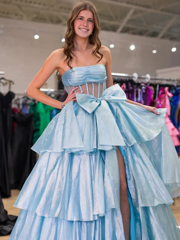 Strapless Organza Slit Prom Dress with Bow, Strapless Organza Blue Formal Evening Dresses Tunics Versatile all-occasion Strapless Organza Slit Prom Dress with Bow, Strapless Organza Blue Formal Evening Dresses Tunics Versatile all-occasion
