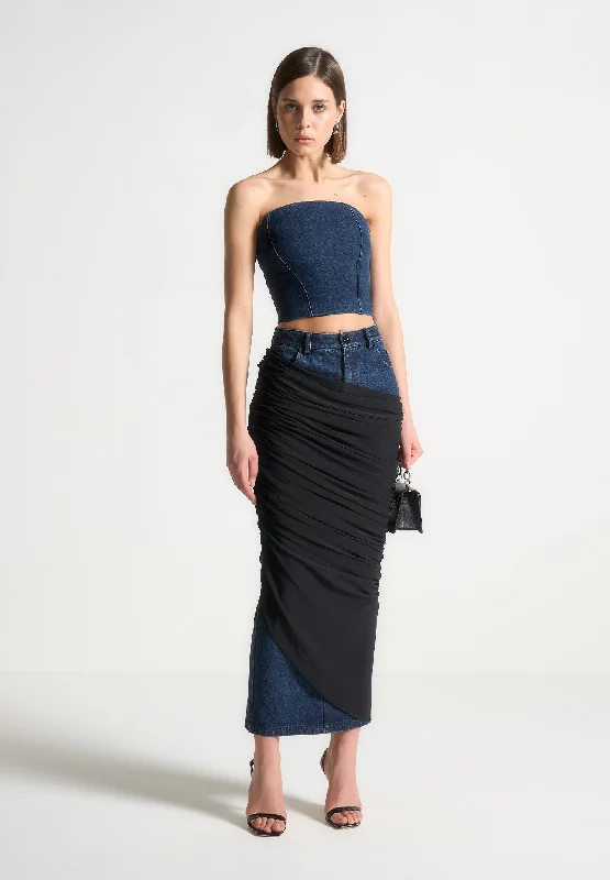 Draped Mesh Denim Maxi Skirt - Indigo silk skirt sleek