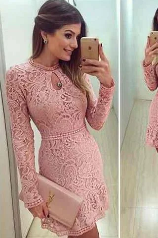 Lace dress pink Sexy lace Elegant short O neck Prom Dresses Long sleeve Party dresses Tunics Silk luxurious Lace dress pink Sexy lace Elegant short O neck Prom Dresses Long sleeve Party dresses Tunics Silk luxurious