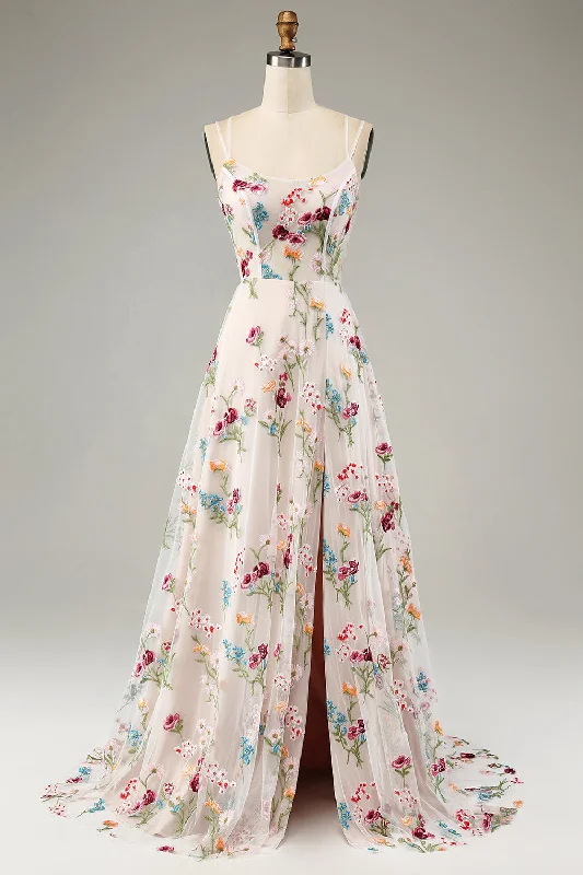 Ivory Flower A-Line Spaghetti Straps Corset Long Prom Dress With Slit Tunics Office stylish Ivory Flower A-Line Spaghetti Straps Corset Long Prom Dress With Slit Tunics Office stylish