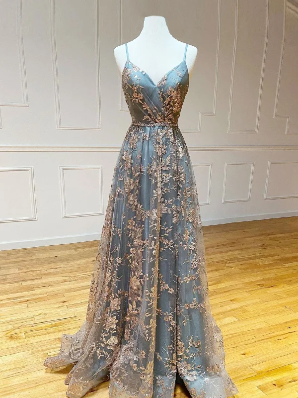 A-Line V Neck Tulle Sequin Long Prom Dress, Backless Long Evening Dresses Boat Neckline Classic A-Line V Neck Tulle Sequin Long Prom Dress, Backless Long Evening Dresses Boat Neckline Classic