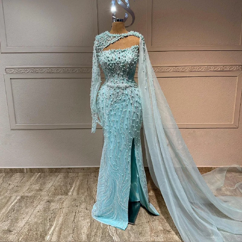 Luxury Turquoise Pearls Evening Dress with Cape Sleeves SS133 Tunics Plaid country